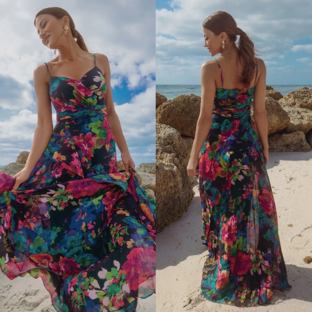 NEW XSCAPE Floral PRINTED Pleated CHIFFON Ruffle COCKTAIL Maxi DRESS 6